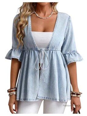 Plus Size Peplum Denim Jacket Deep V Neck Tie Front Split Hem